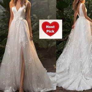 White Wedding Dress Floor Length Bridal Gown A-Line Deep V-Neck V-Back Satin